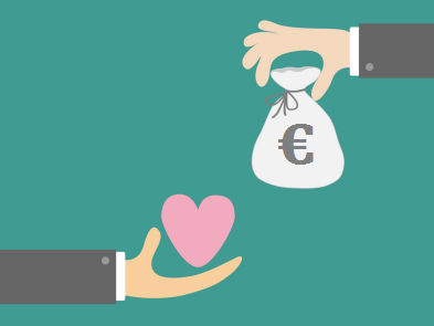 Ein Cartoonbild. Eine Hand hält einen Beutel mit Geld. Eine darunter liegende Hand hält ein rosa Herz. Ein Cartoonbild. Eine Hand hält einen Beutel mit Geld. Eine darunter liegende Hand hält ein rosa Herz.
