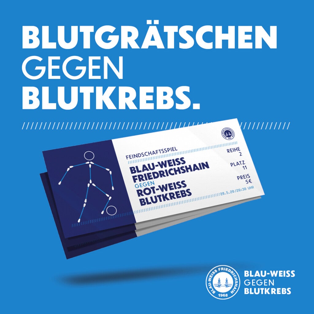 Blauer Hintergrund, in weißer Schrift der Text "Blutgrätschen gegen Blutkrebs". Darunter ein Bild von Eintrittskarten. Blauer Hintergrund, in weißer Schrift der Text "Blutgrätschen gegen Blutkrebs". Darunter ein Bild von Eintrittskarten.