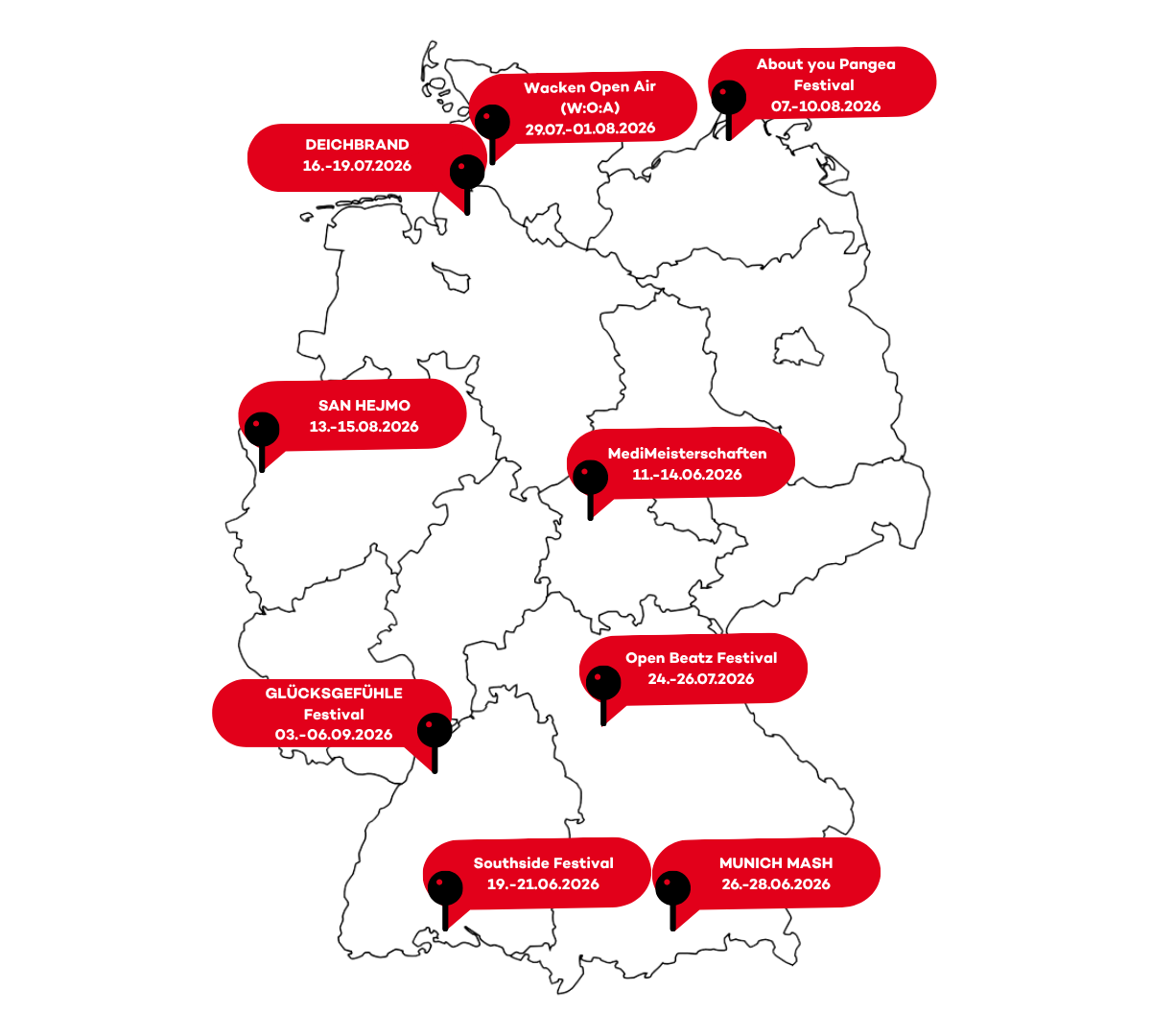 Deutschlandkarte zeigt die acht größten Festivals, auf denen die DKMS 2026 vertreten ist Deutschlandkarte zeigt die acht größten Festivals, auf denen die DKMS 2026 vertreten ist