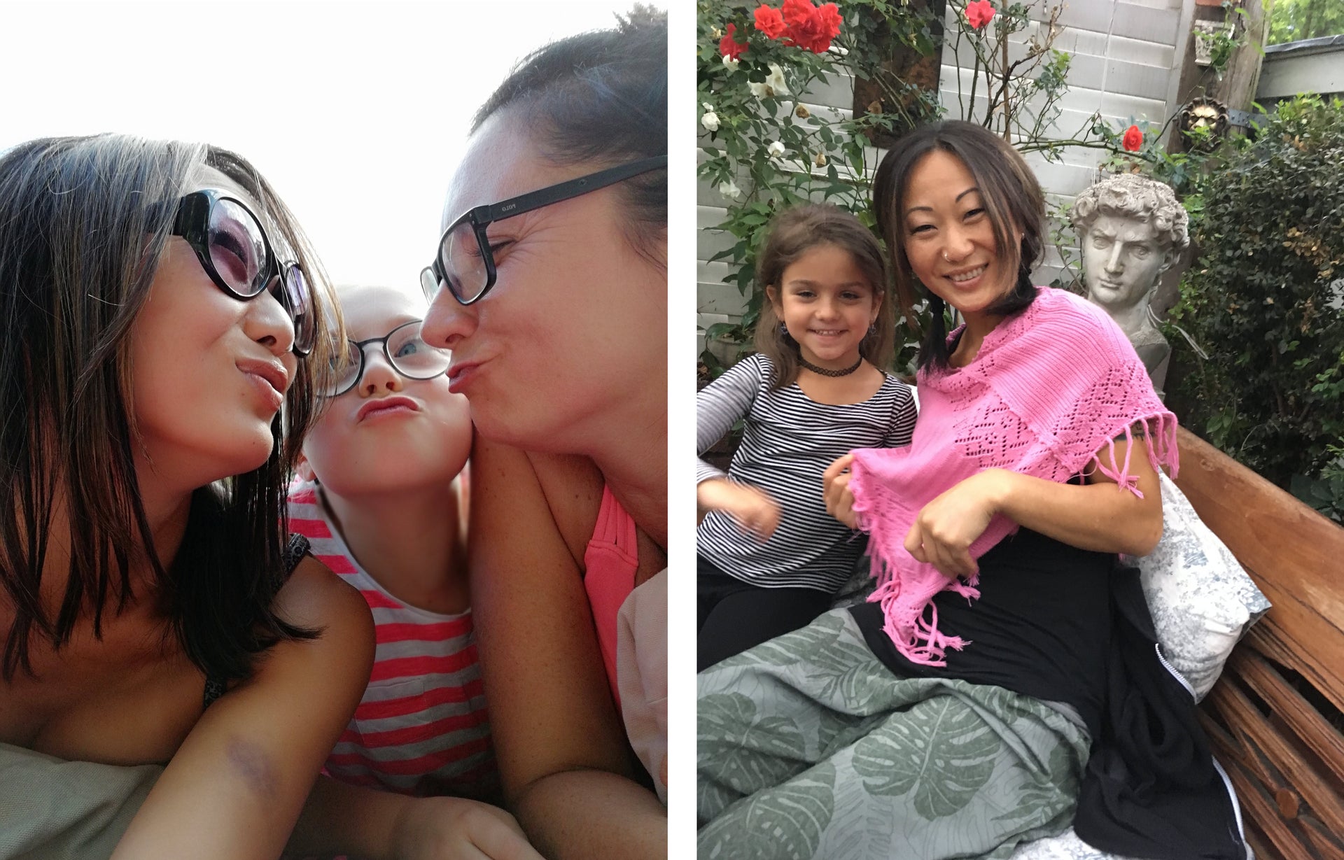Auf dem linken Foto ist Madeleine mit zwei weiteren Personen zu sehen, die sich einen Kuss zuwerfen. Auf dem rechten Foto sitzt Madeleine mit einem Kind auf einer Bank in einem Garten.