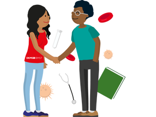 Illustration einer Frau und eines Mannes, die sich die Hand geben. Um sie herum schweben medizinische und biologische Symbole wie Blutzellen, ein Stethoskop, eine Spritze, Viren und ein Buch. Die Frau trägt ein Shirt mit der Aufschrift DKMS.