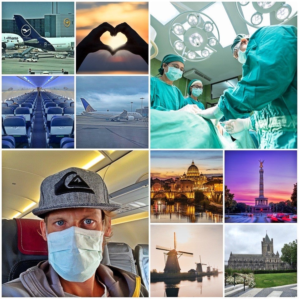 Eine Collage aus verschiedenen Bildern von Menschen, Sehenswürdigkeiten und medizinischem Personal Eine Collage aus verschiedenen Bildern von Menschen, Sehenswürdigkeiten und medizinischem Personal