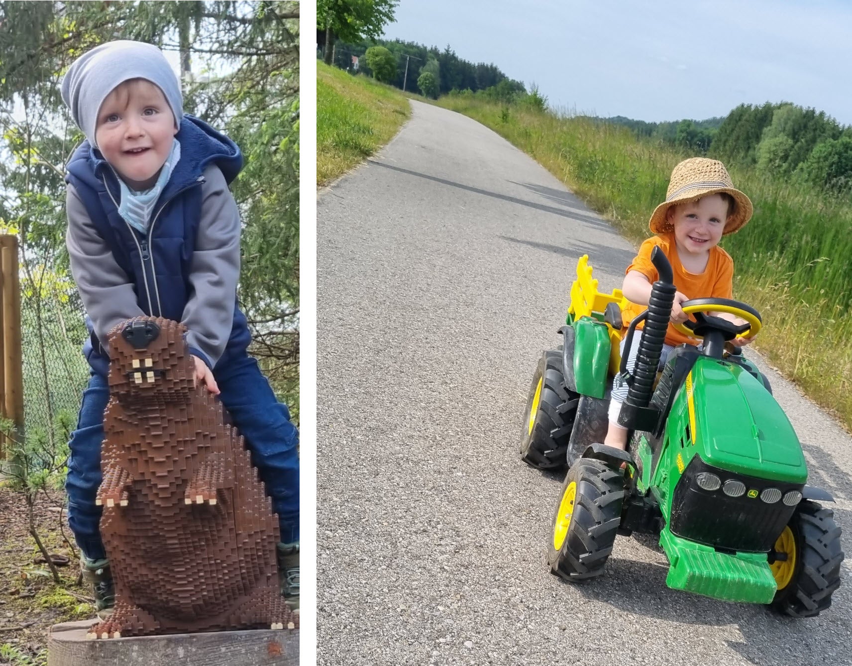 Auf dem linken Foto sieht man Nico im Wald mit einer Murmeltier-Figur. Rechts im Bild fährt Nico auf einem Spielzeugtraktor und lächelt glücklich in die Kamera.