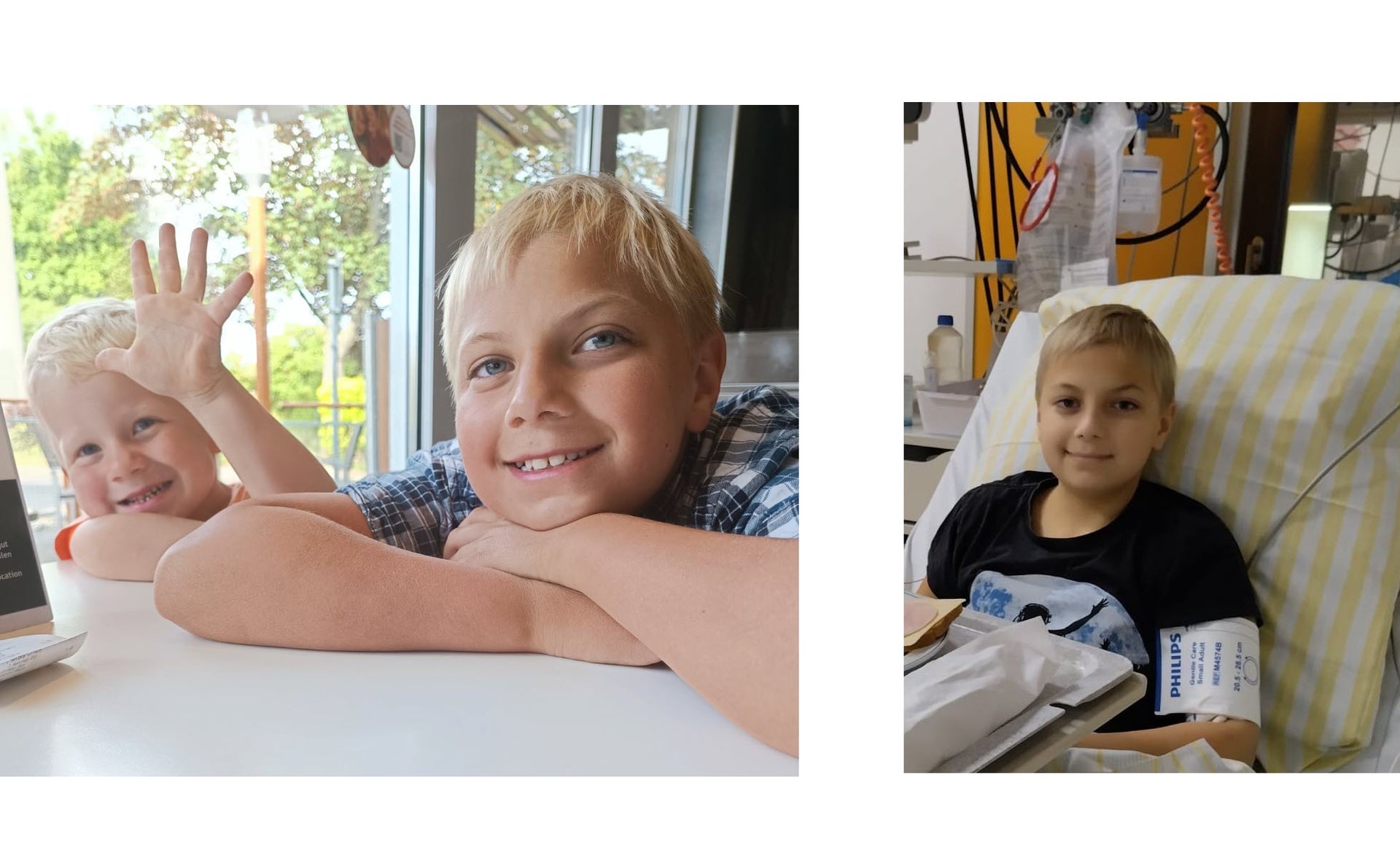 Auf der linken Seite der Collage sind Paul und sein kleiner Bruder zu sehen, wie sie in die Kamera lächeln. Auf der rechten Seite der Collage ist Paul zu sehen, wie er im Krankhausbett liegt und lächelt.