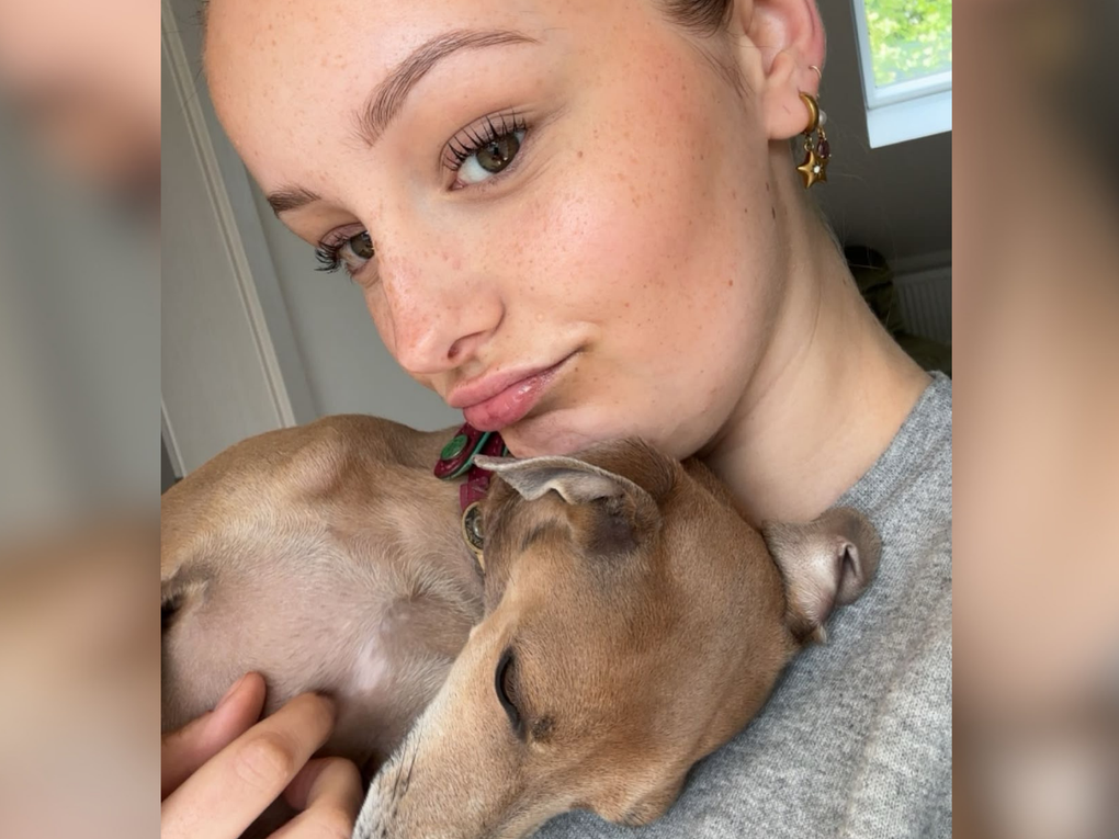 Eine Frau, die einen Hund im Arm hält Eine Frau, die einen Hund im Arm hält