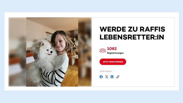 Foto von einem Kind mit Hund, daneben steht: werde zu Raffis Lebensretter:in Foto von einem Kind mit Hund, daneben steht: werde zu Raffis Lebensretter:in