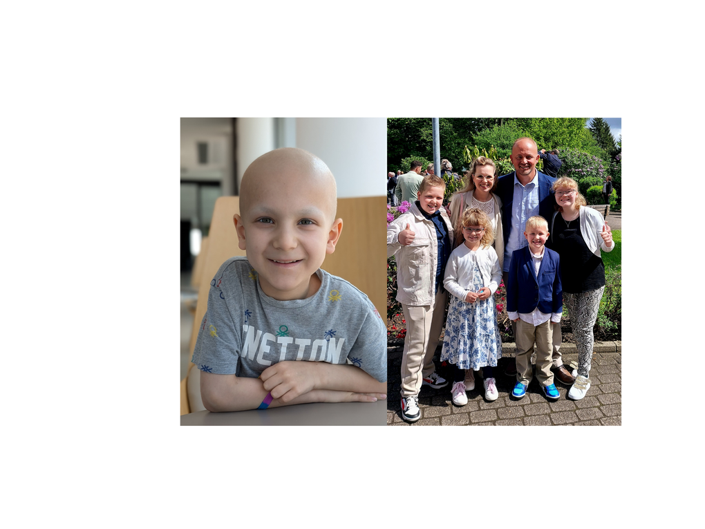 Zwei Bilder nebeneinander, ersteres von einem Jungen mit Glatze, letzteres zeigt eine Familie in festlichen Klamotten. Zwei Bilder nebeneinander, ersteres von einem Jungen mit Glatze, letzteres zeigt eine Familie in festlichen Klamotten.