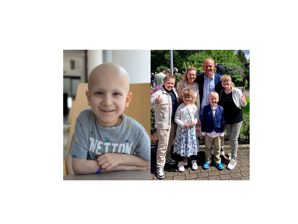 Zwei Bilder nebeneinander, ersteres von einem Jungen mit Glatze, letzteres zeigt eine Familie in festlichen Klamotten. Zwei Bilder nebeneinander, ersteres von einem Jungen mit Glatze, letzteres zeigt eine Familie in festlichen Klamotten.