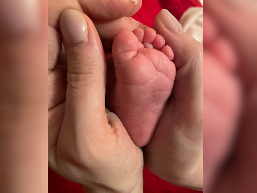 Der Fuß eines Babys in der Hand eines Menschen Der Fuß eines Babys in der Hand eines Menschen