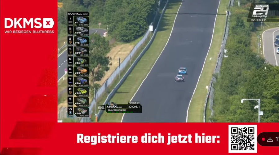 Livestream Nürburging Rennen mit DKMS Werbung und Aufruf zur Registrierung. Livestream Nürburging Rennen mit DKMS Werbung und Aufruf zur Registrierung.