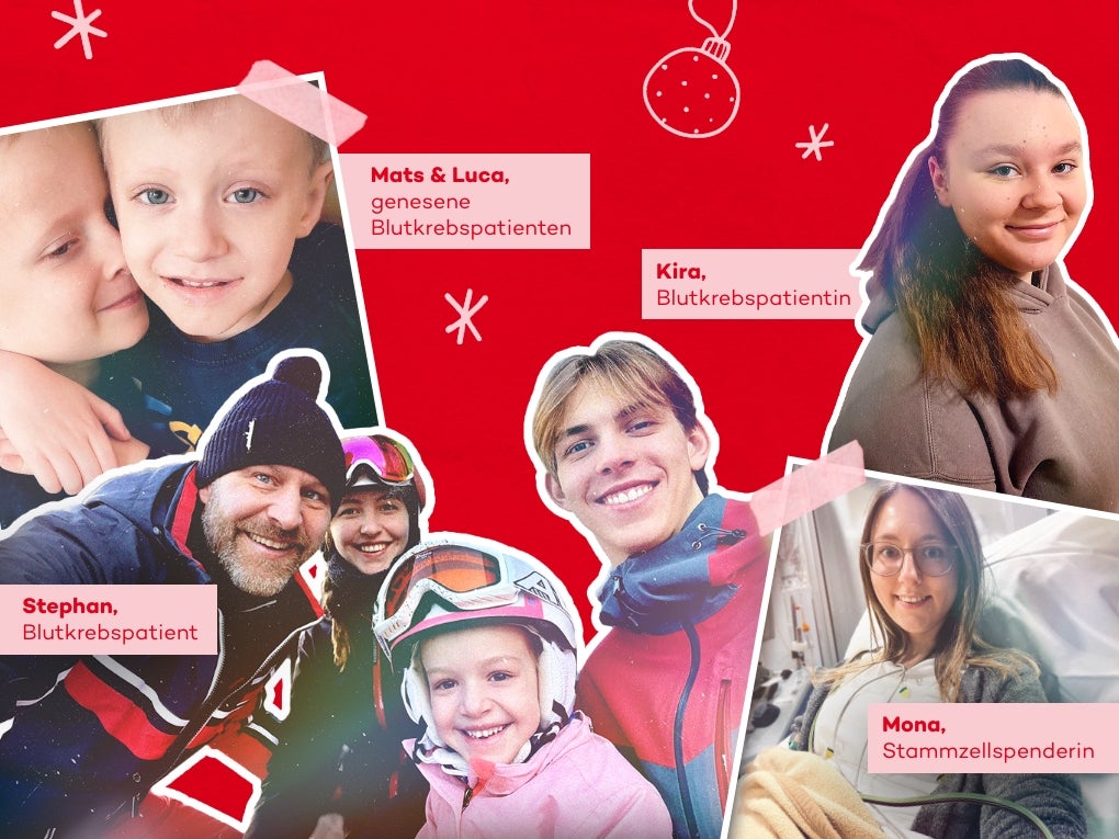 Collage von Patient:innen und Spender:innen sowie ihrer Familien. Collage von Patient:innen und Spender:innen sowie ihrer Familien.