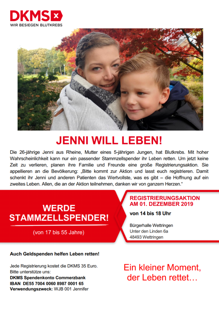 Eine Frau und ein Junge, die sich umarmen. Darunter der Text "Jenni will leben!" und weitere Informationen einer Registrierungsaktion Eine Frau und ein Junge, die sich umarmen. Darunter der Text "Jenni will leben!" und weitere Informationen einer Registrierungsaktion
