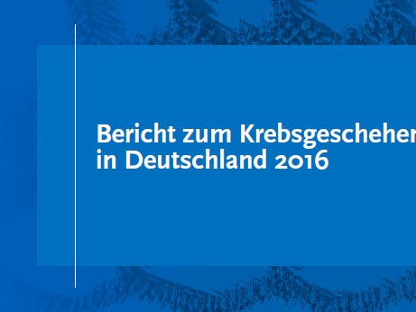 Ein blaues Rechteck mit weißem Text. Der Text lautet Bericht zum Krebsgeschehen in Deutschland 2016 Ein blaues Rechteck mit weißem Text. Der Text lautet Bericht zum Krebsgeschehen in Deutschland 2016