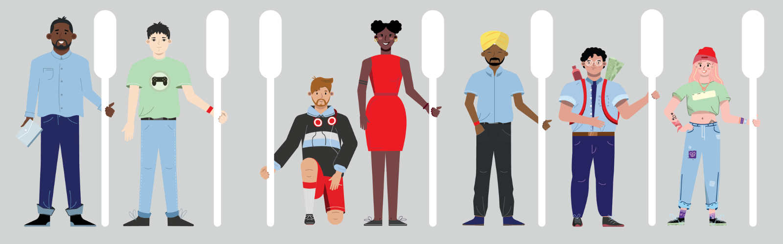Illustration: Eine Gruppe von Menschen mit Wattestäbchen für einen Wangenabstrich Illustration: Eine Gruppe von Menschen mit Wattestäbchen für einen Wangenabstrich