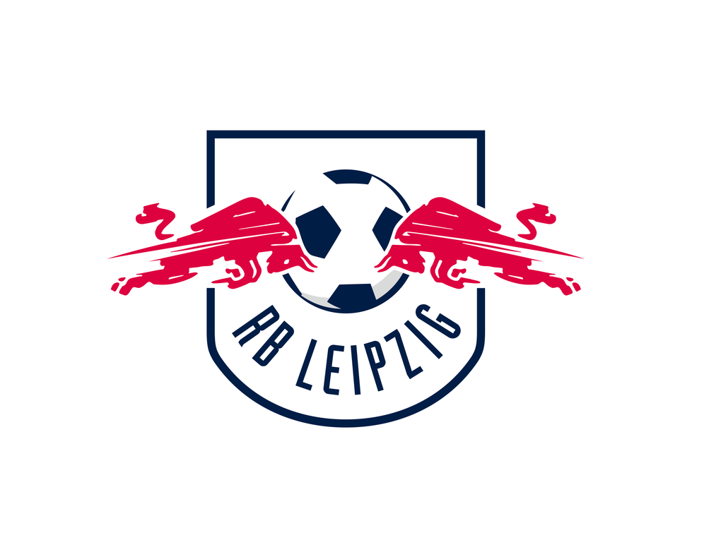 Logo von RB Leipzig. Zwei Bullen fliegen auf einen Fußball zu. Logo von RB Leipzig. Zwei Bullen fliegen auf einen Fußball zu.