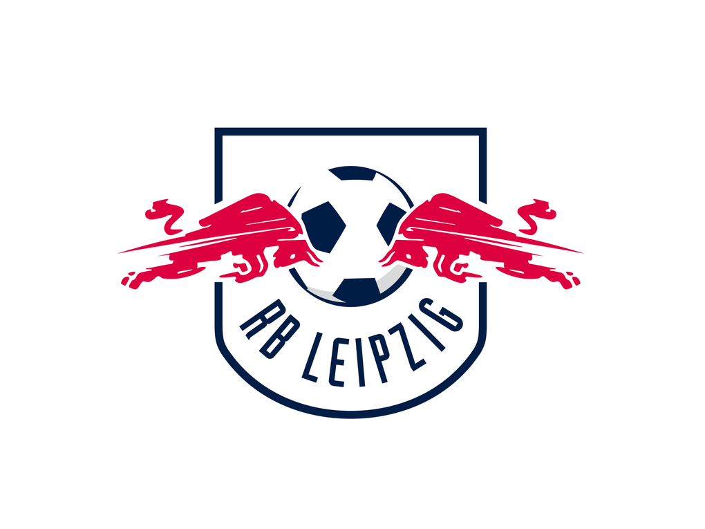 Logo von RB Leipzig. Zwei Bullen fliegen auf einen Fußball zu. Logo von RB Leipzig. Zwei Bullen fliegen auf einen Fußball zu.
