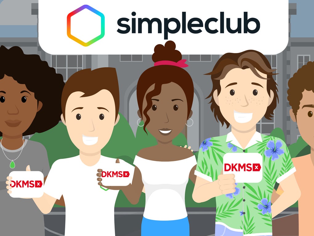 Illustration von fünf jungen Menschen mit unterschiedlichem Aussehen, die jeweils eine DKMS-Spenderkarte in den Händen halten. Im Hintergrund ist ein modernes Gebäude zu sehen. Über den Figuren steht das Logo von "simpleclub". Illustration von fünf jungen Menschen mit unterschiedlichem Aussehen, die jeweils eine DKMS-Spenderkarte in den Händen halten. Im Hintergrund ist ein modernes Gebäude zu sehen. Über den Figuren steht das Logo von "simpleclub".
