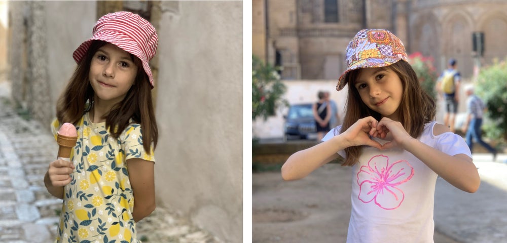 Links: Sophia mit Hut und Eis in der Hand, Rechts: Sophia mit Kappe, sie formt ein Herz mit ihren Händen 