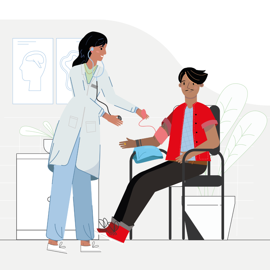 Illustration einer Ärztin, die bei einem Patienten Blutdruck misst Illustration einer Ärztin, die bei einem Patienten Blutdruck misst