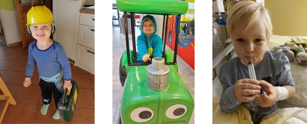 Bild (l.): Samu mit einem gelben Helm und einem Werkzeugkoffer. Bild (m.): Samu sitzt in einer grünen Eisenbahn Lokomotive. Bild (r.): Samu im Krankenhaus.