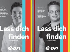Kampagne von EON. Vier nebeneinanderliegende Bilder von Person in schwarz. Bildunterschrift auf jedem lautet Lass dich finden Kampagne von EON. Vier nebeneinanderliegende Bilder von Person in schwarz. Bildunterschrift auf jedem lautet Lass dich finden