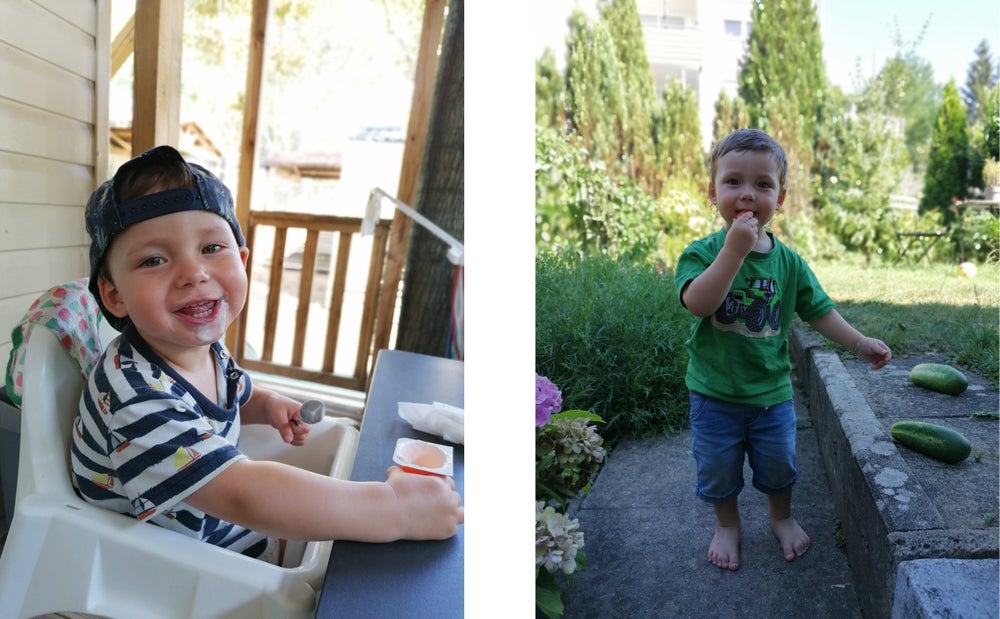 Auf dem Bild links sitzt Jonas auf seinem Hochstuhl und isst Fruchtzwerge. Auf dem Bild rechts ist Jonas barfuß im Garten und isst Gemüse.