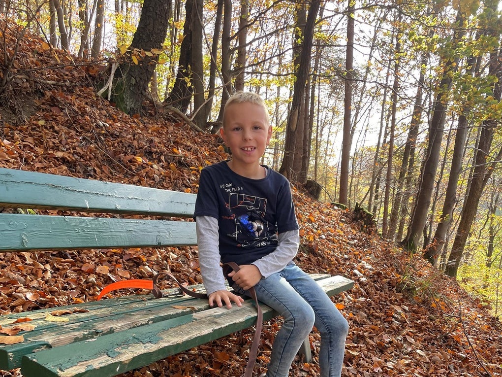 kleiner Junge sitzt auf einer Bank im Wald kleiner Junge sitzt auf einer Bank im Wald