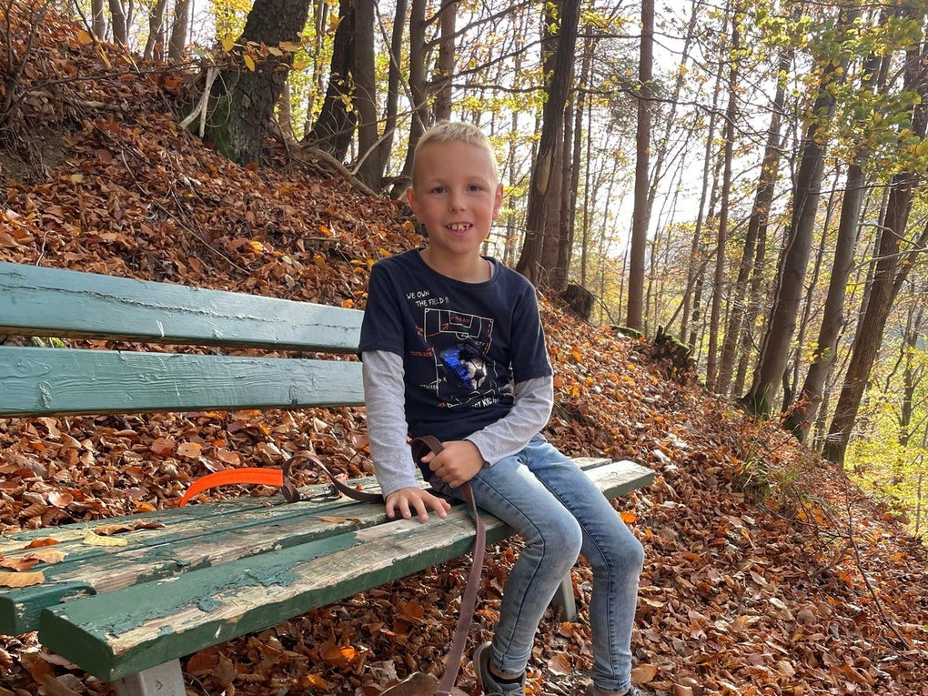 kleiner Junge sitzt auf einer Bank im Wald kleiner Junge sitzt auf einer Bank im Wald