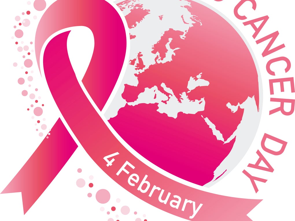 Eine rosa Weltkugel über der steht World Cancer Day. Darunter ist eine Schleife auf der steht 4 February. Eine rosa Weltkugel über der steht World Cancer Day. Darunter ist eine Schleife auf der steht 4 February.