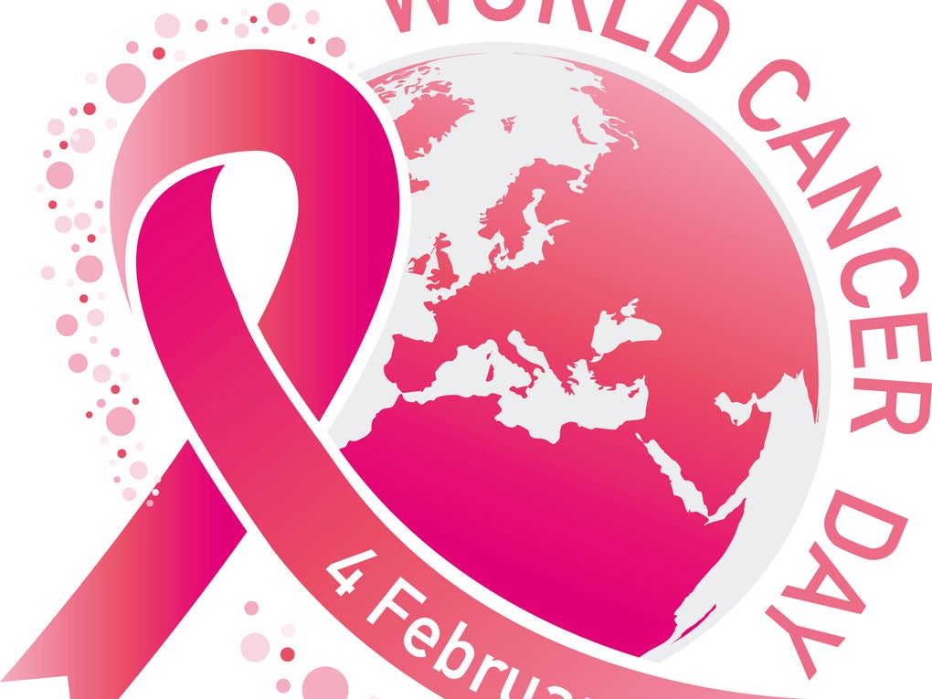 Eine rosa Weltkugel über der steht World Cancer Day. Darunter ist eine Schleife auf der steht 4 February. Eine rosa Weltkugel über der steht World Cancer Day. Darunter ist eine Schleife auf der steht 4 February.