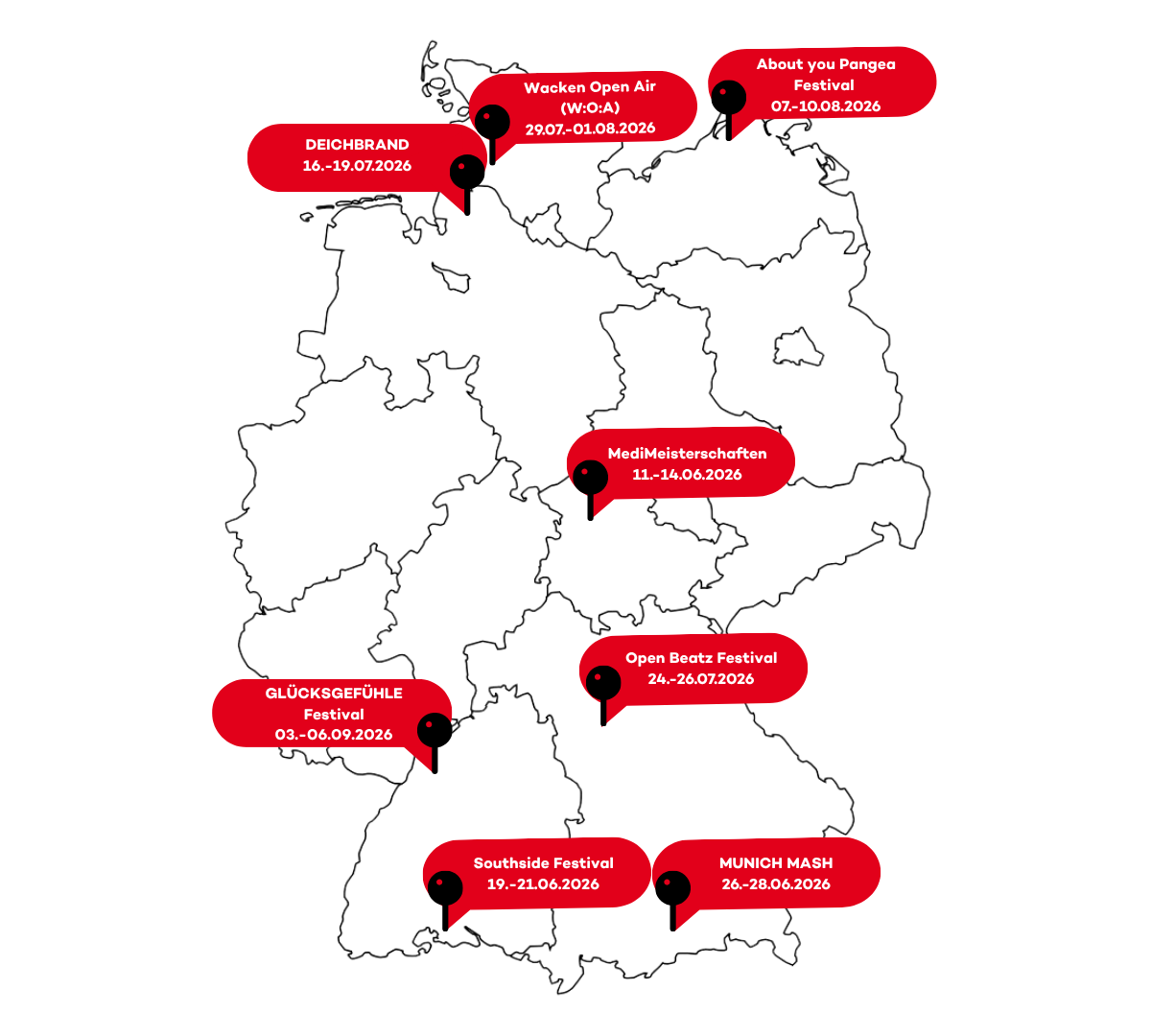 Deutschlandkarte zeigt die acht größten Festivals, auf denen die DKMS 2026 vertreten ist Deutschlandkarte zeigt die acht größten Festivals, auf denen die DKMS 2026 vertreten ist