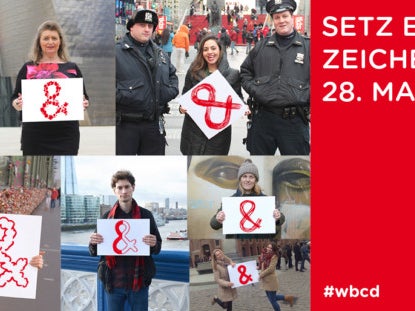 Eine Collage von Menschen mit Schildern und dem Logo des World Blood Cancer Day Eine Collage von Menschen mit Schildern und dem Logo des World Blood Cancer Day