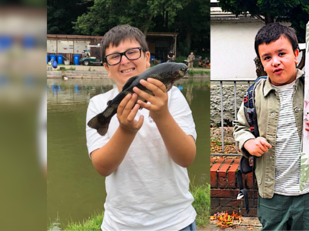 Collage zweier Fotos. Links ist ein Junge zu sehen, der einen Fisch hält. Recht ist ein Junge zu sehen, der eine Schultüte hält. Collage zweier Fotos. Links ist ein Junge zu sehen, der einen Fisch hält. Recht ist ein Junge zu sehen, der eine Schultüte hält.