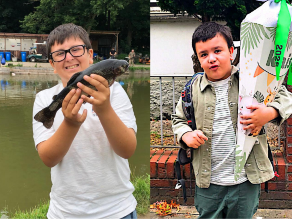 Collage zweier Fotos. Links ist ein Junge zu sehen, der einen Fisch hält. Recht ist ein Junge zu sehen, der eine Schultüte hält. Collage zweier Fotos. Links ist ein Junge zu sehen, der einen Fisch hält. Recht ist ein Junge zu sehen, der eine Schultüte hält.