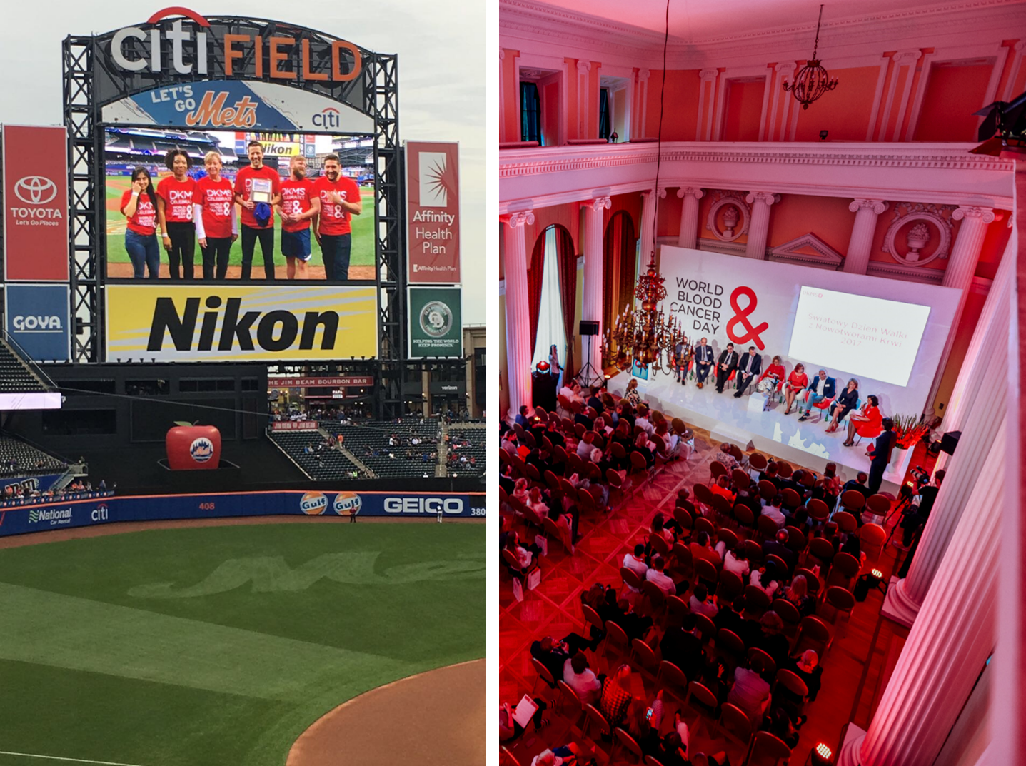 Links: Begegnungen im Stadion der New York Mets. Rechts: Die Pressekonferenz der DKMS in Polen. Links: Begegnungen im Stadion der New York Mets. Rechts: Die Pressekonferenz der DKMS in Polen.