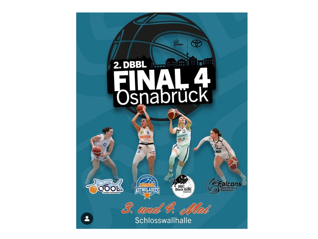 Ein Poster eines Basketballspiels. Darauf zu sehen sind vier Frauen in Sportklamotten und Basketbällen in den Händen. Ein Poster eines Basketballspiels. Darauf zu sehen sind vier Frauen in Sportklamotten und Basketbällen in den Händen.
