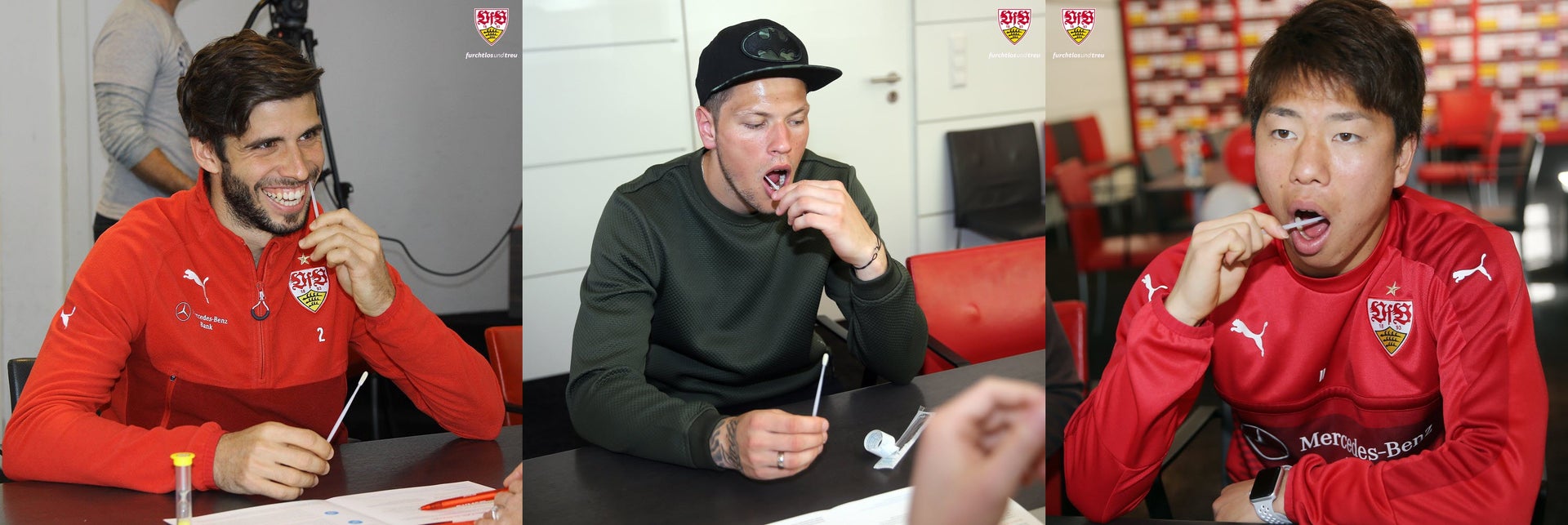 Stäbchen rein, Spender sein: v.l. Emiliano Insua, Daniel Ginczek und Takuma Asano; Fotos: VfB Stäbchen rein, Spender sein: v.l. Emiliano Insua, Daniel Ginczek und Takuma Asano; Fotos: VfB