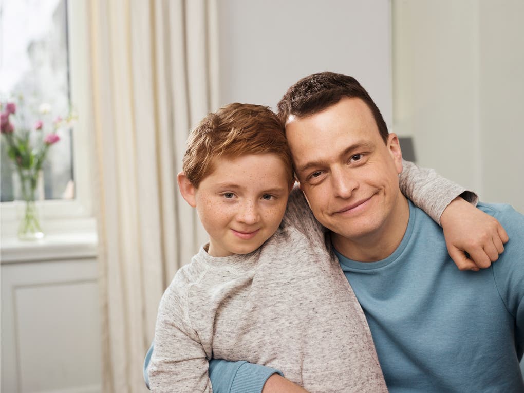 A man and boy posing for a picture A man and boy posing for a picture