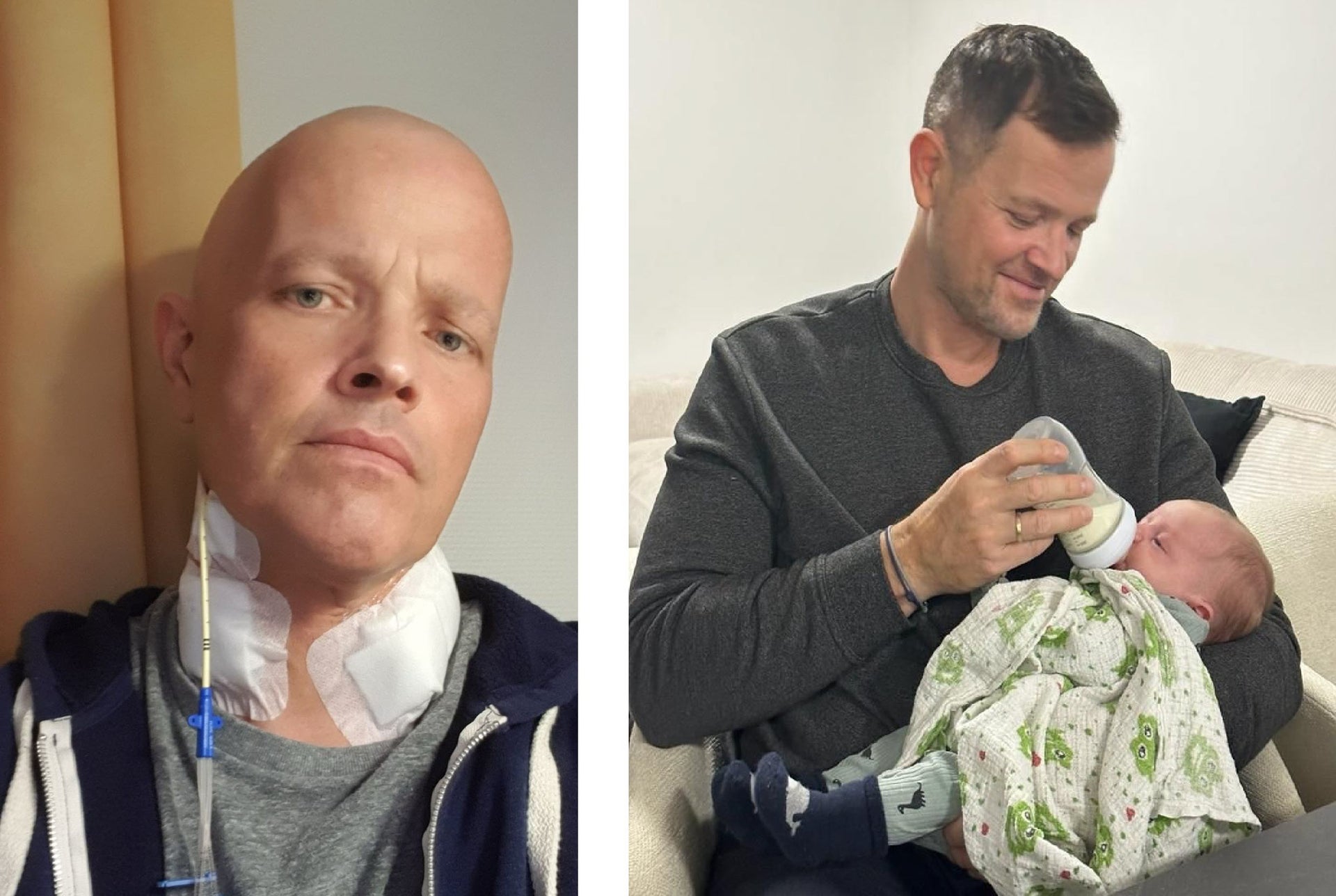 Links Selfie von Patient Benny im Krankenhaus und rechts Benny wie er sein Enkelkind mit einem Fläschchen füttert.