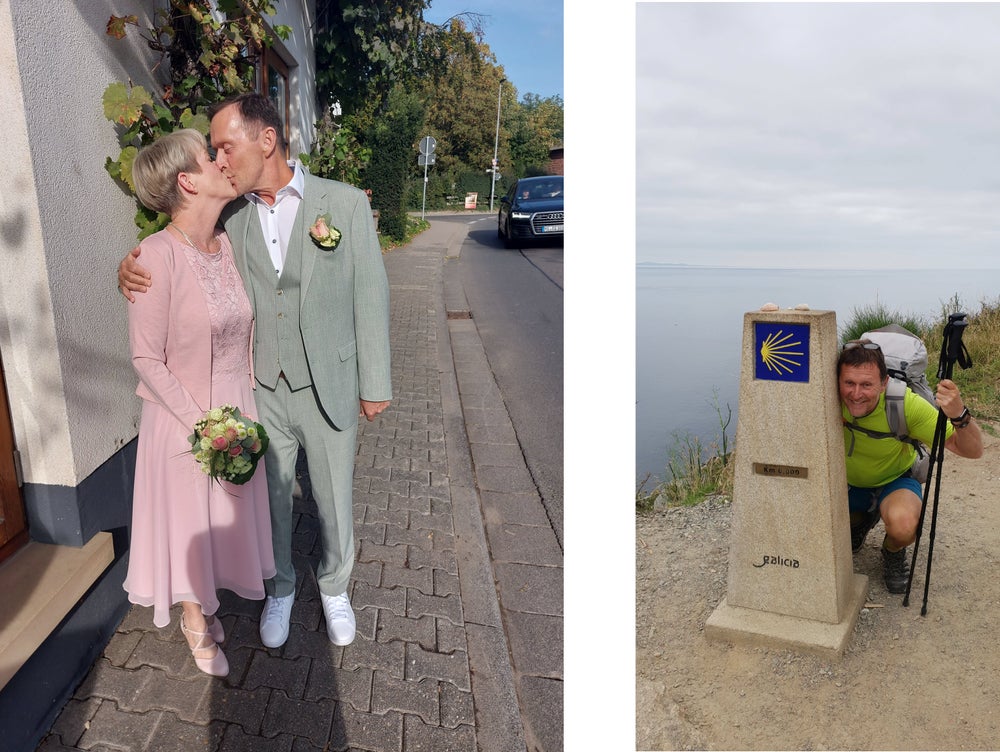 Collage bestehend aus 2 Bildern. Rechts Ottmar vor schöner Kulisse beim Wandern. Links Ottmar mit seiner Frau. 