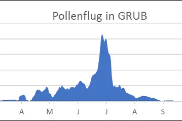 Pollenflug in Grub/Langtaufers. Der Pollenflug erfolgt in Grub vorwiegend von Mitte-Ende April bis Juli. (Quelle: Landesagentur für Umwelt und Klimaschutz)