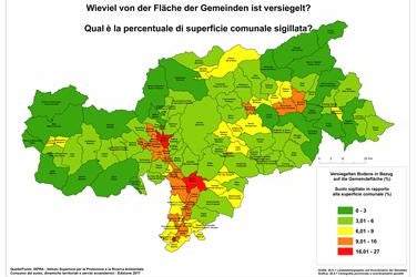 Versiegelte Fläche in den Gemeinden, Prozentsätze (Quelle: ISPRA)