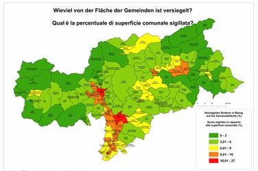 Versiegelte Fläche in den Gemeinden, Prozentsätze (Quelle: ISPRA)