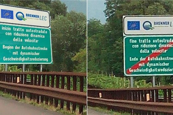 Die fixen Schilder, welche am Rande der Fahrbahn angebracht wurden, weisen die Benutzer der A22 auf Beginn und Ende der Teststrecke und dynamische Geschwindigkeitsregelung hin (Foto: Umweltagentur Bozen)