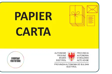 Gelbes Etikett „Papier“ (mit SEAB-Piktogramm), Landesämter in der Gemeinde Bozen und Leifers