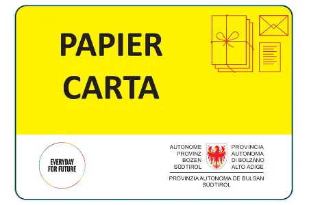 Gelbes Etikett „Papier“ (mit SEAB-Piktogramm), Landesämter in der Gemeinde Bozen und Leifers