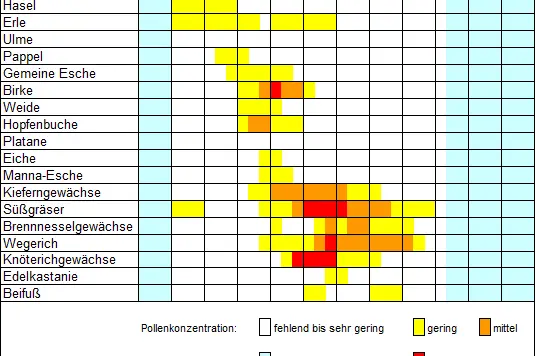Pollenflugkalender Prettau (2003-2005, 2019-2021) (Quelle: Landesagentur für Umwelt und Klimaschutz )
