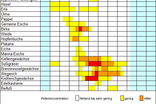 Pollenflugkalender Prettau (2003-2005, 2019-2021) (Quelle: Landesagentur für Umwelt und Klimaschutz )