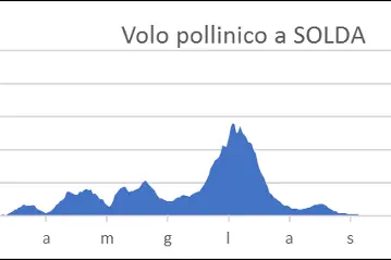 Volo pollinico a Solda. A Solda il volo pollinico si manifesta principalmente nel periodo da aprile a luglio. (Fonte: Agenzia provinciale per l'ambiente e la tutela del clima)