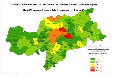 Versiegelte Fläche in den einzelnen Gemeinden in einem Jahr (Quelle: ISPRA)
